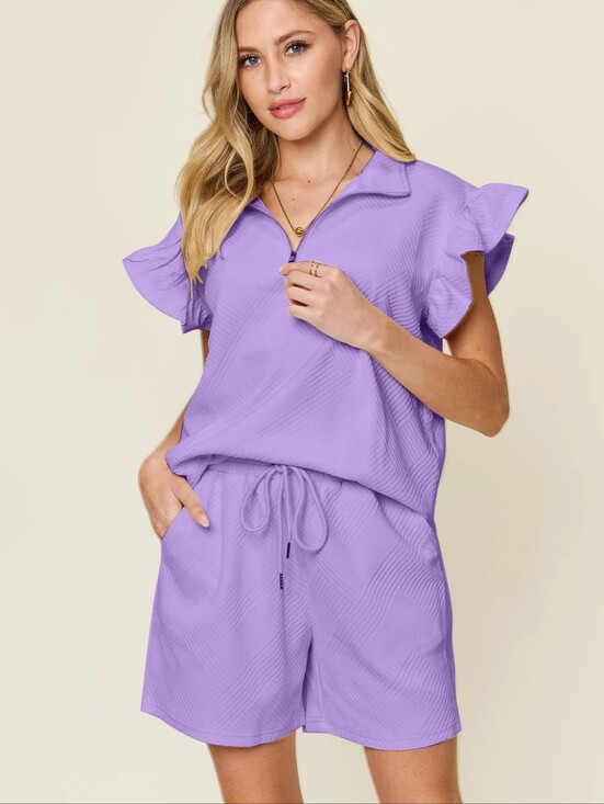 Double Take Sweaters - 🌸Double Take Purple Texture Flounce Sleeve Top and Drawstring Shorts Set